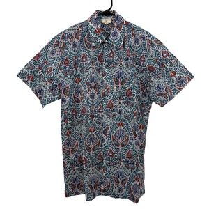 Anokhi Shirt Mens XS Blue Orange Paisley Block Print Short Sleeve Button Down